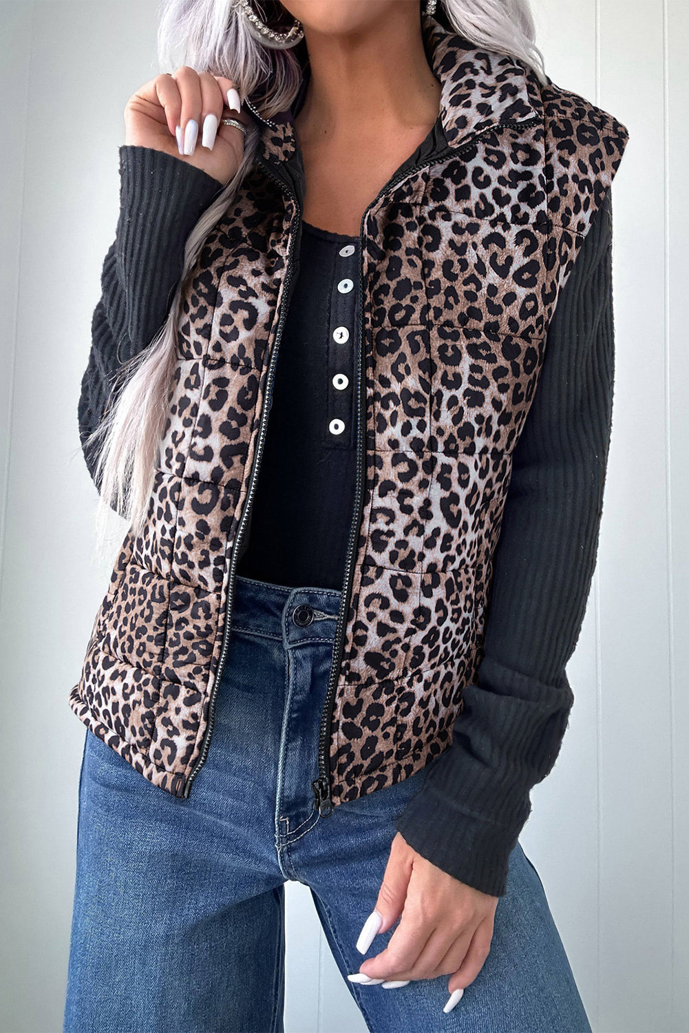 Brown Leopard Quilted Full Zipper Casual Puff Vest Coats b5a1572aff08540e