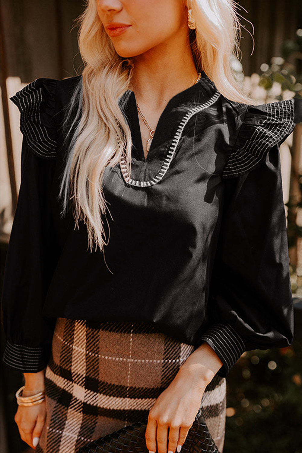 Black Contrast Stitched Detail V Neck Ruffle Long Sleeve Blouse Blouses b5abd14be4a6a647