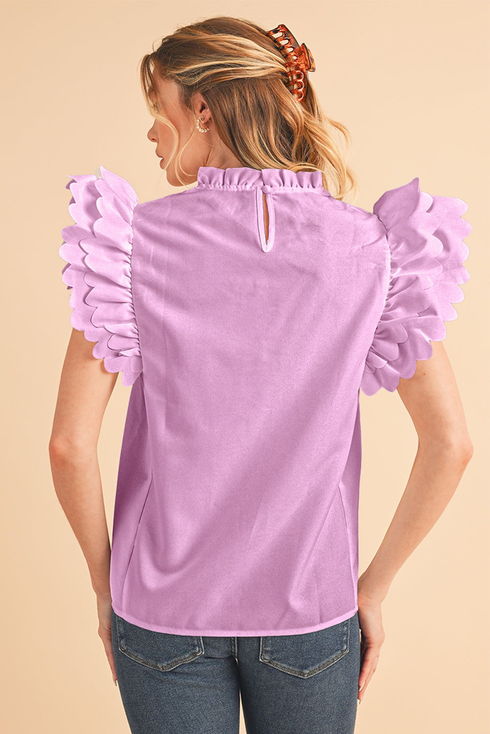 Bright Pink Solid Scalloped Ruffle Sleeve Blouse Blouses b5d333686ca09e9f