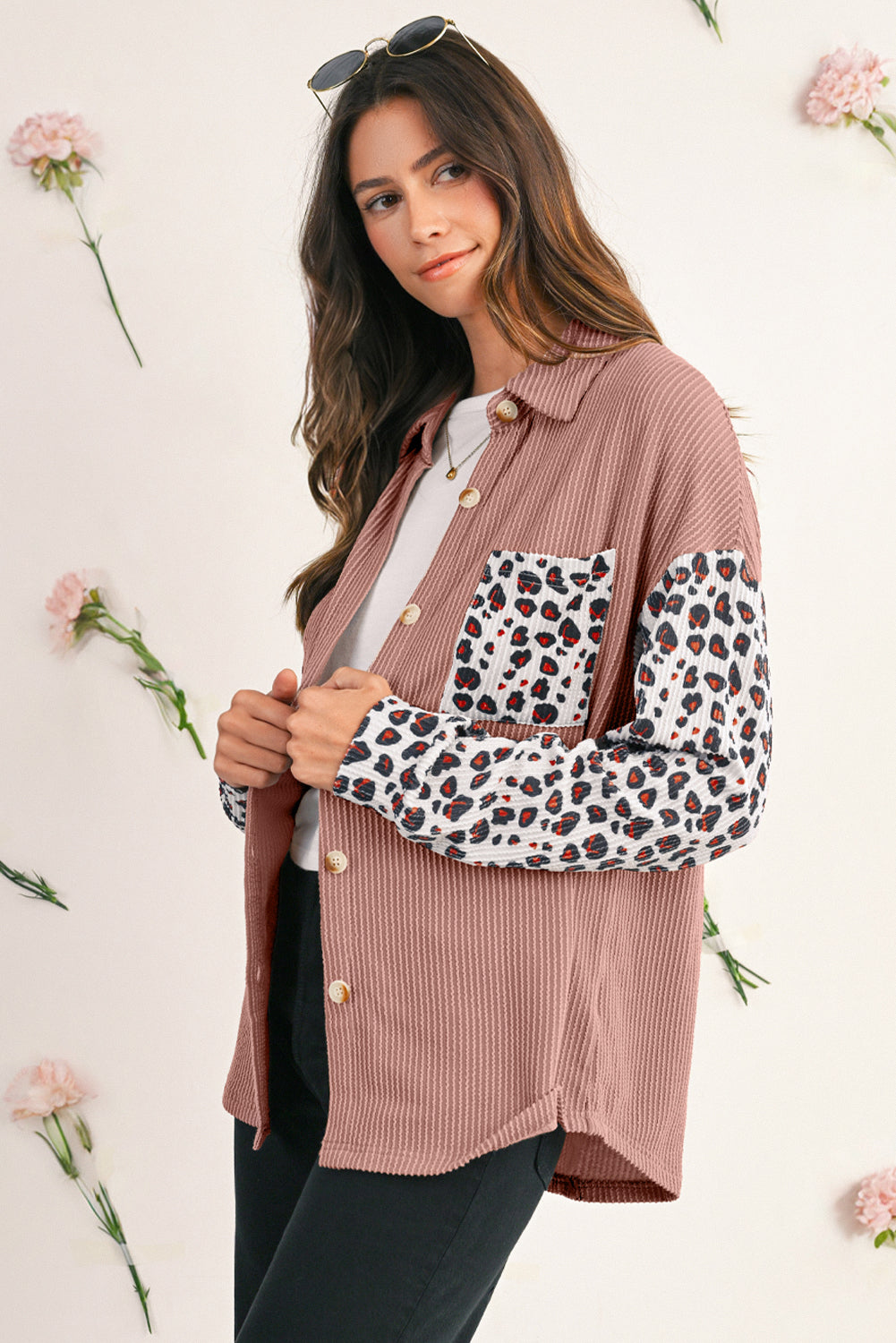 Dark Khaki Leopard Patchwork Twisted Ribbed Casual Shacket Jackets b623a6155e552a16