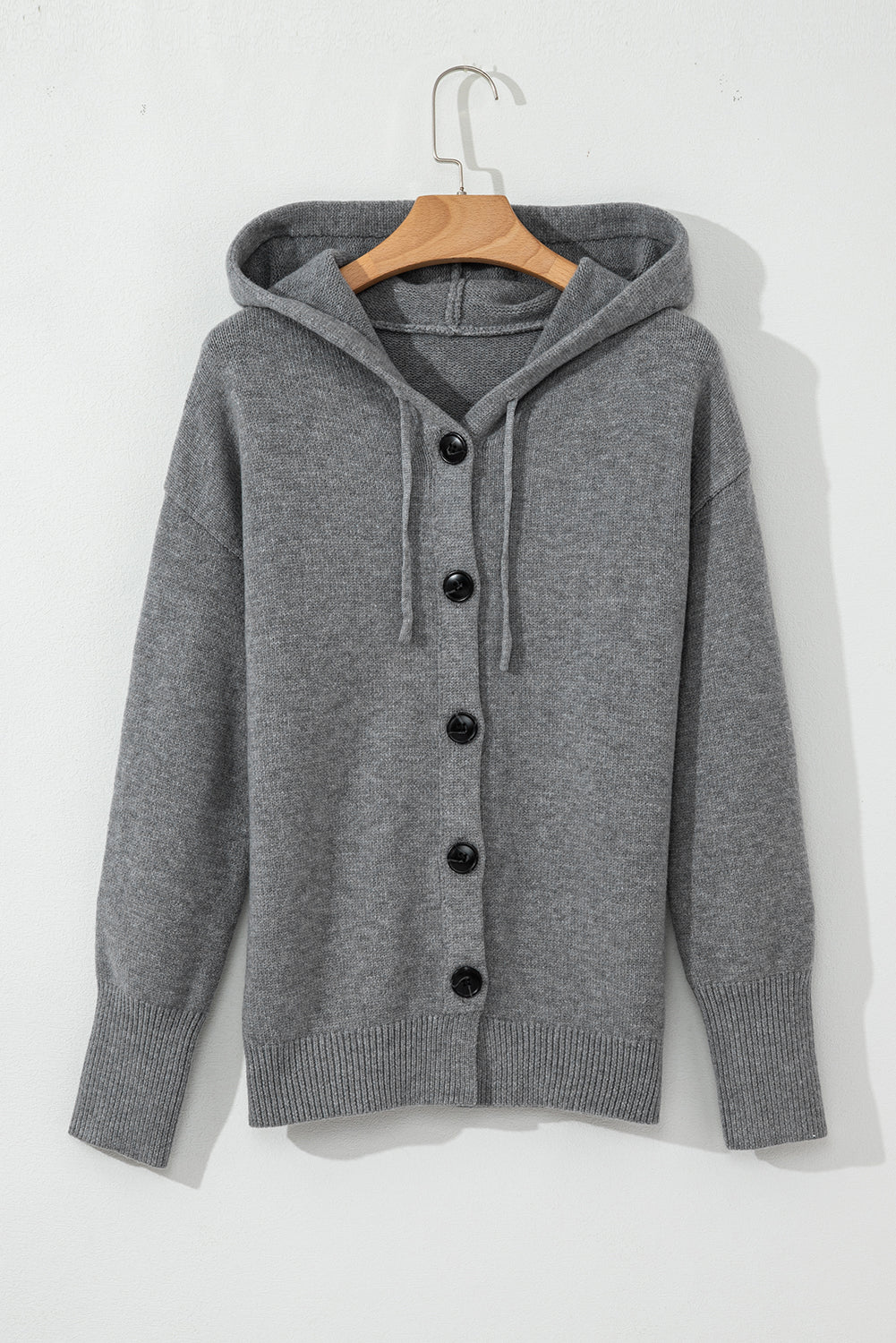 Medium Grey Hooded Button Up Drop Shoulder Sweater Cardigan Cardigans b63b30b226895299