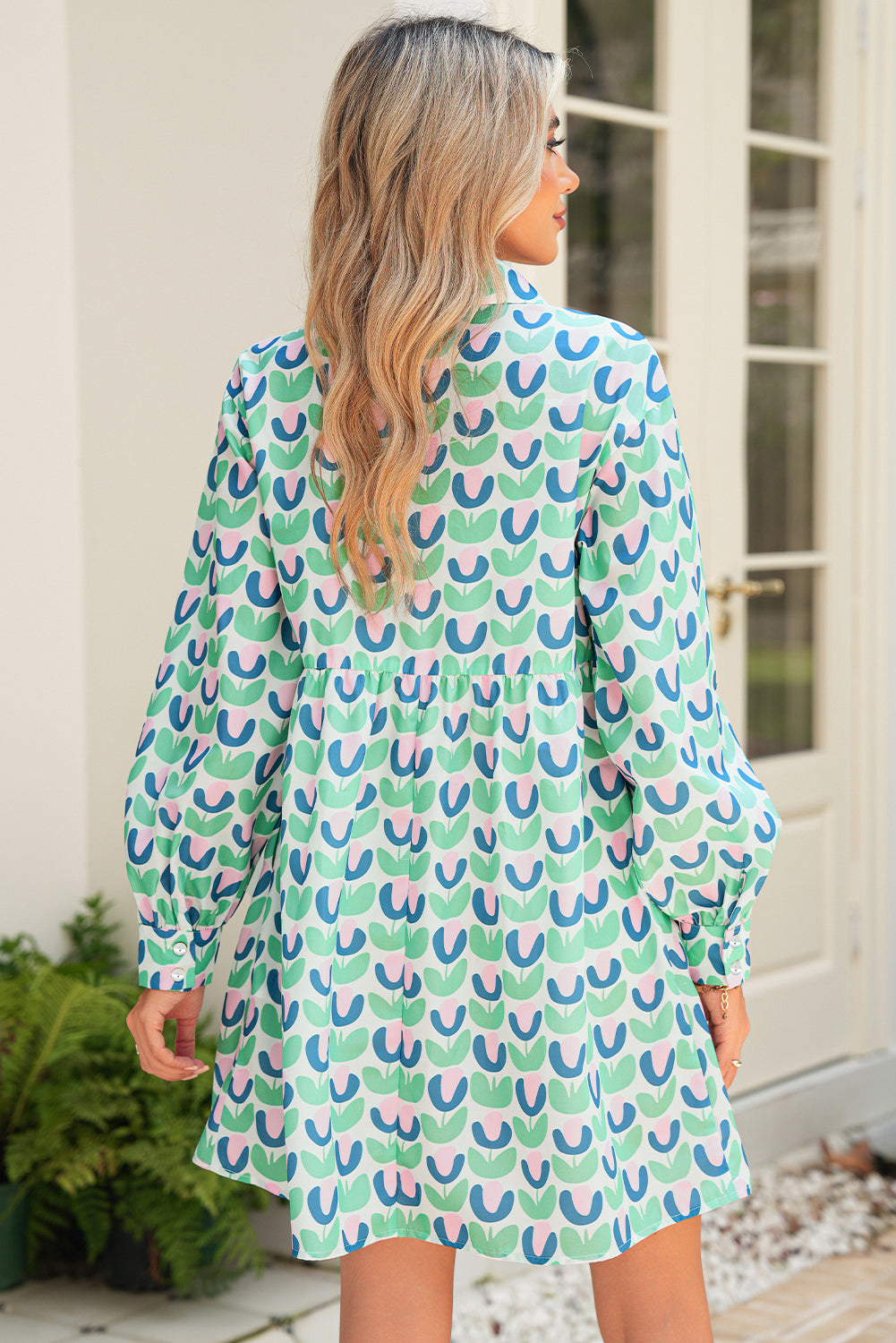 Green Floral Print Scallop Trim Pocket Mini Dress Short Dresses b67aedc8c61eac77