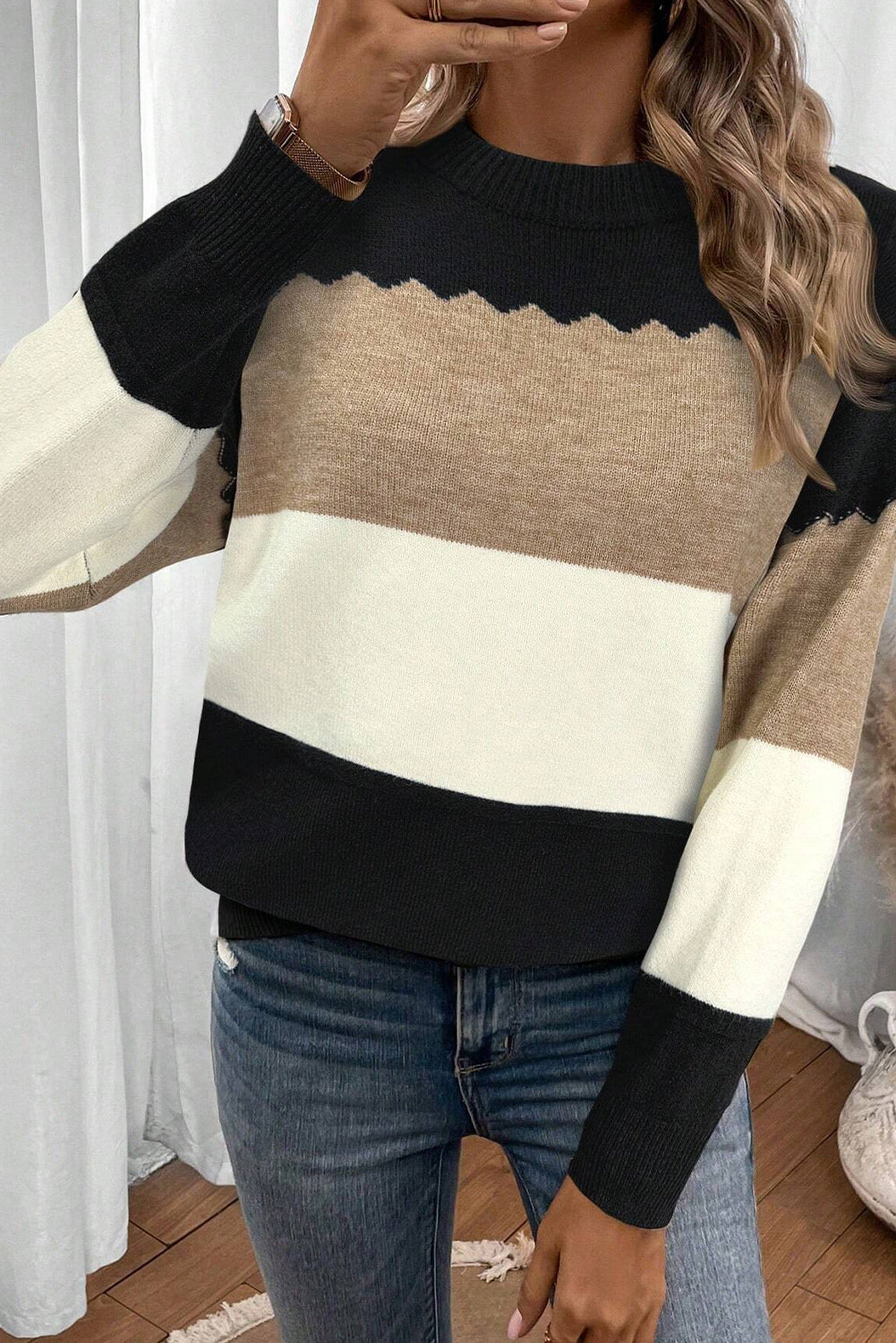 Black Colorblock Crew Neck Drop Shoulder Sweater Sweaters b67d5c4fafa5ef9b