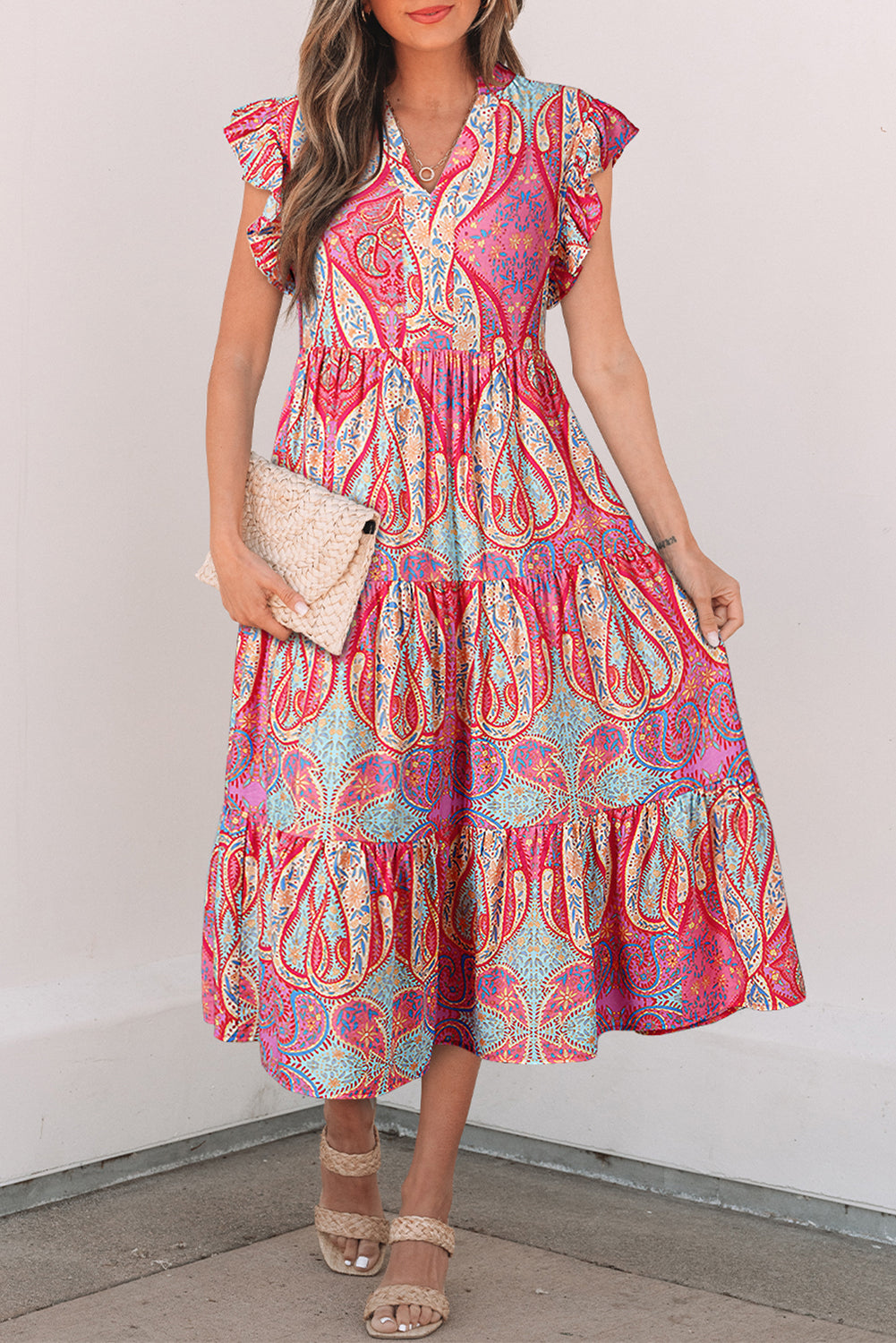Rose Ethnic Paisley Print Ruffle Sleeve Notch Neck Midi Dress Midi Dresses b6a570014df50de1
