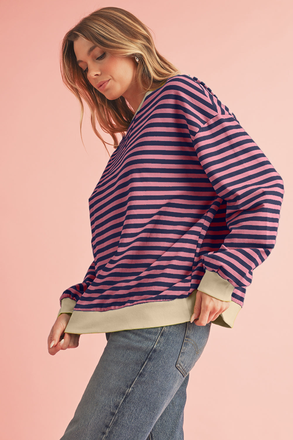 Blue Stripe Contrast Edge Cross Seam Oversized Pullover Sweatshirts & Hoodies b6c1f542f1a935f9