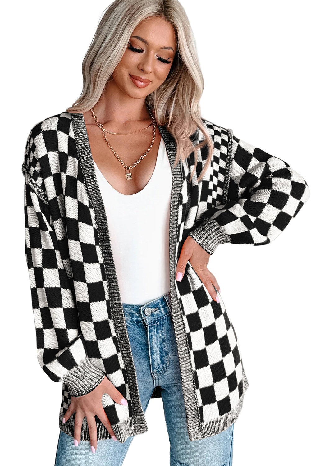 Orange Checkered Open Front Drop Shoulder Cardigan Cardigans b6c861fe1d3f57ba