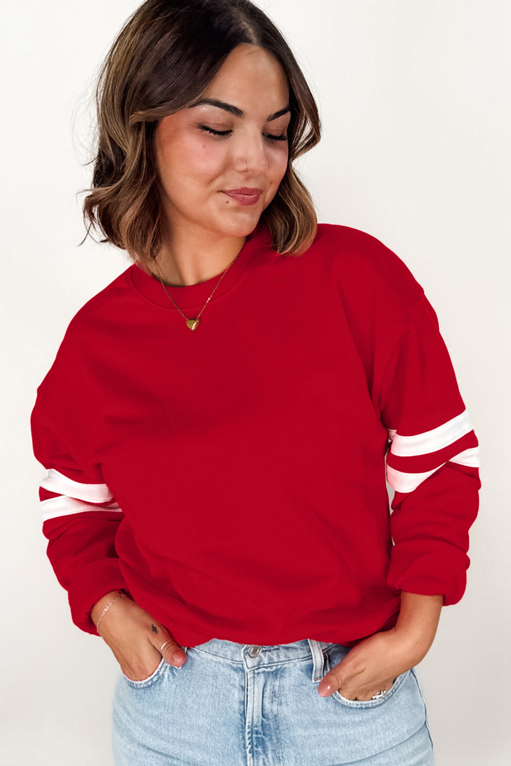 Fiery Red Varsity Striped Detail Plus Size Round Neck Sweatshirt Plus Size Tops b6de122c97bfce99