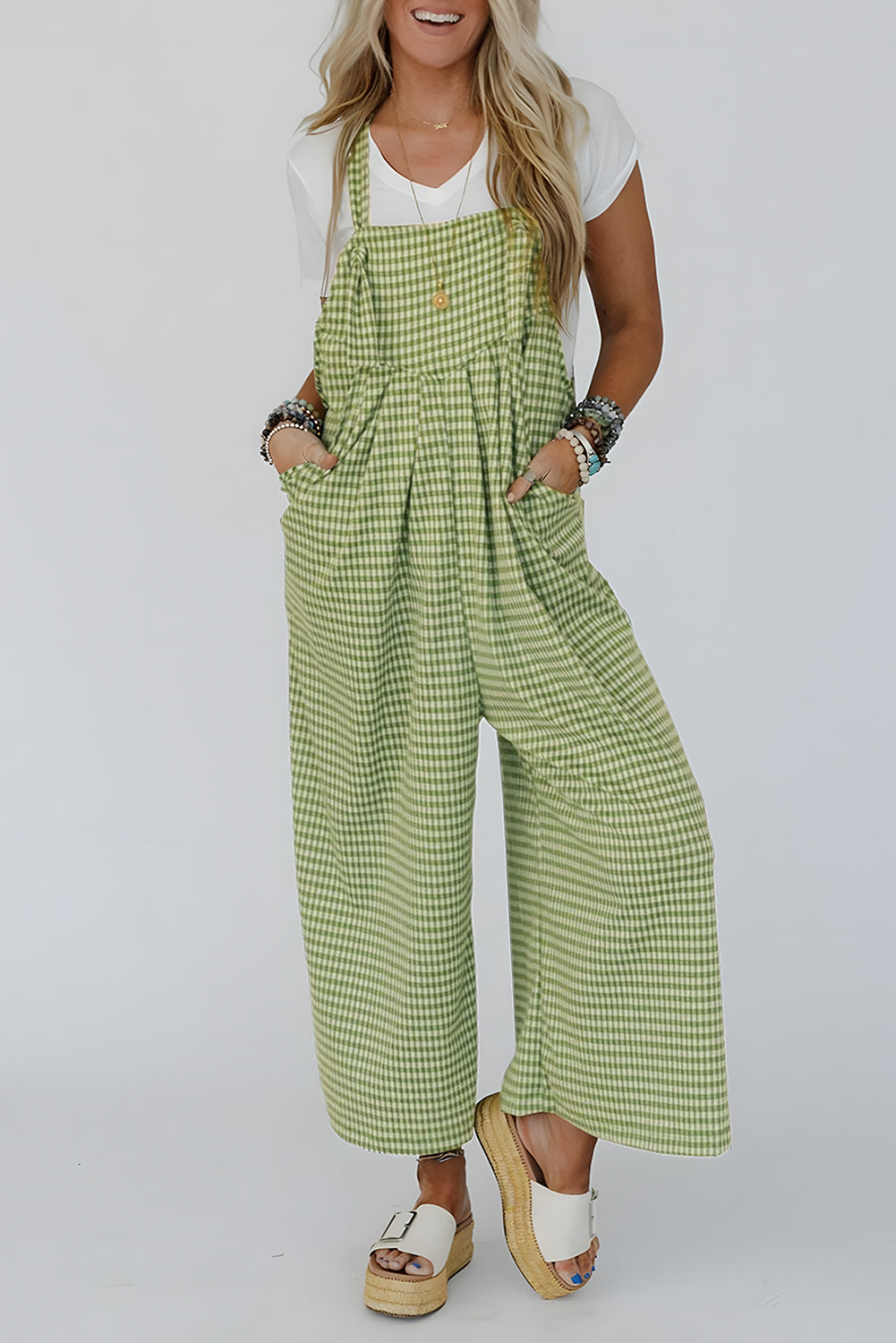 Green Gingham Wide Leg Pockets Loose Overall Jumpsuits b75be27355041fe1