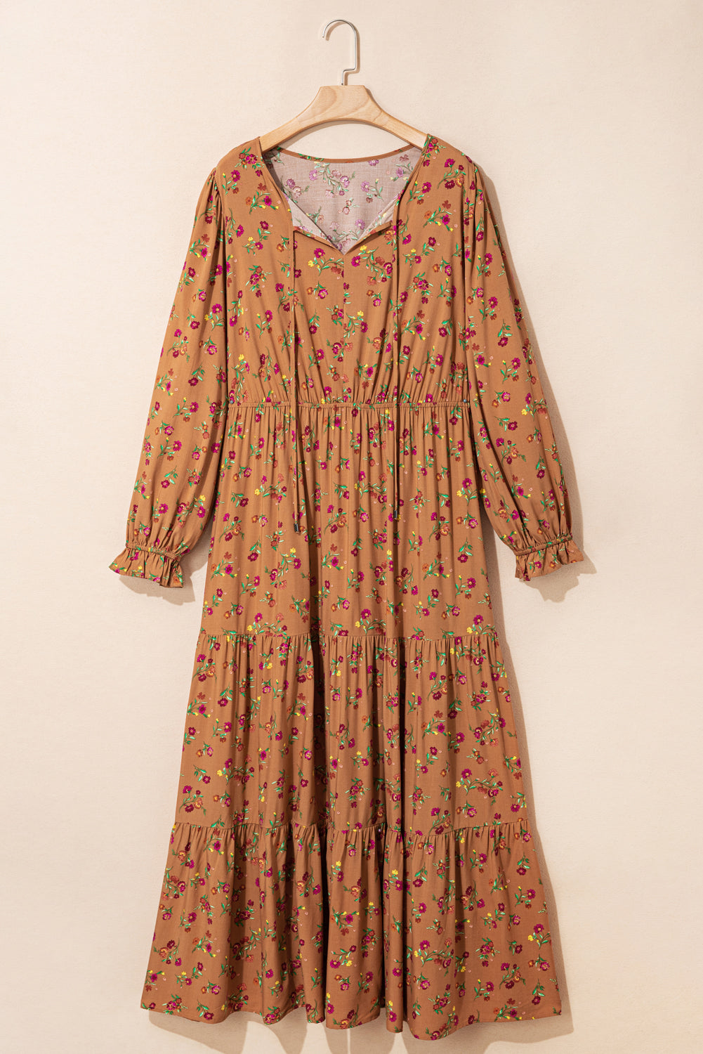 Brown Plus Size Floral Split V Neck Ruffled Sleeve Tiered Maxi Dress Plus Size Dresses b76b6d933f8fc607