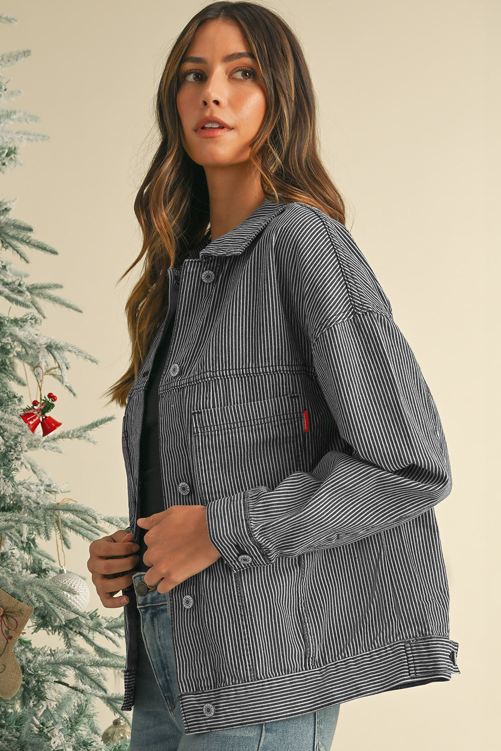 Blue Stripe Washed Oversized Pocketed Denim Jacket Jackets b7da7df7b016400d