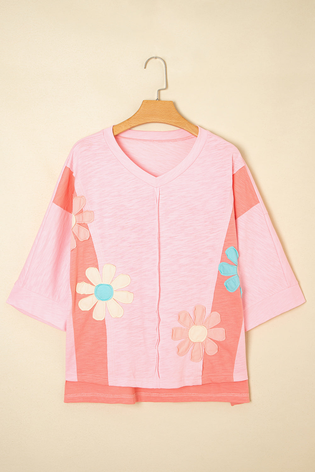 Light Blue Flower Patched Exposed Seam 3/4 Sleeve top Long Sleeve Tops b7fa59daef75a655