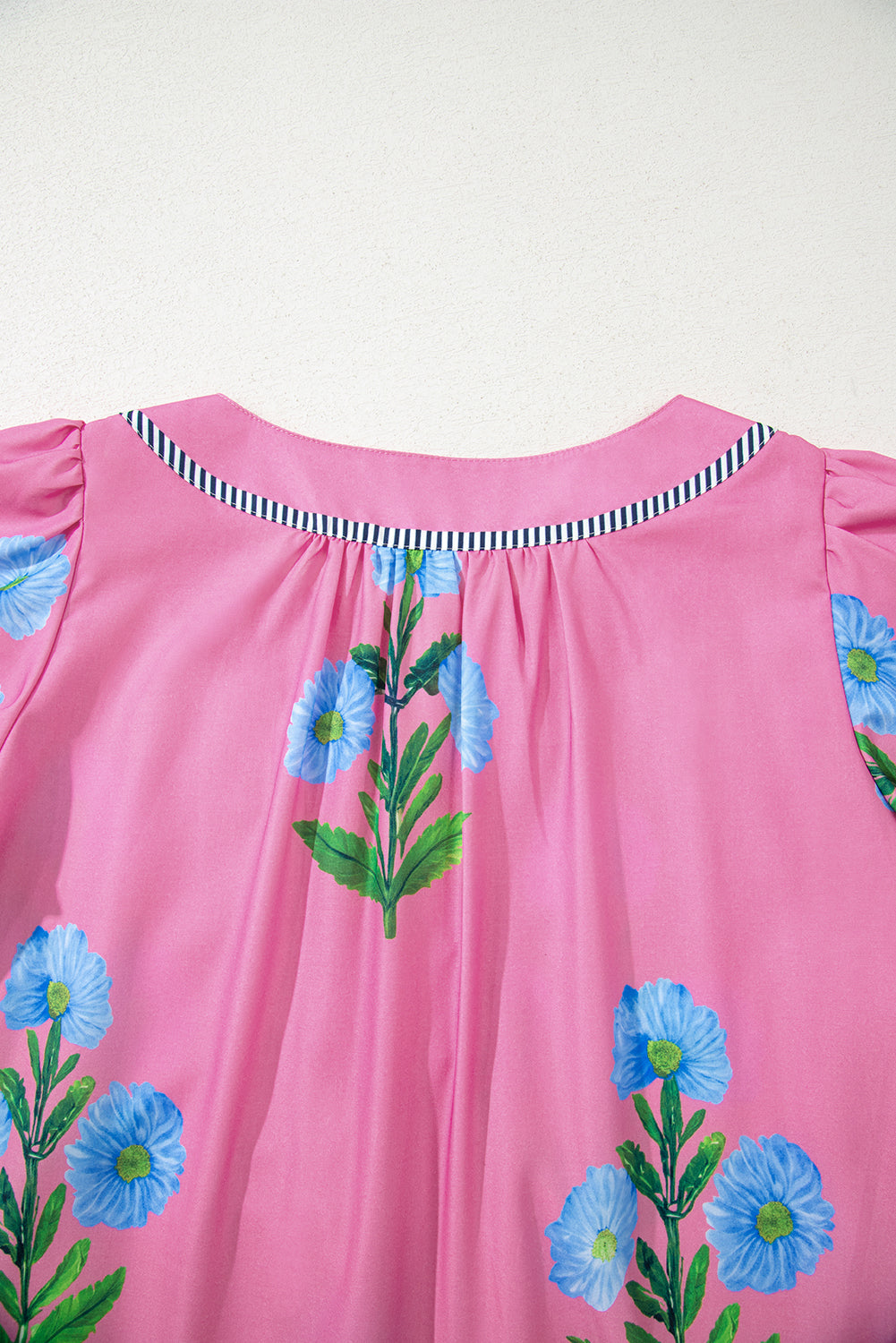 Rose Striped Trim Short Sleeve Split Neck Floral Mini Dress Short Dresses b884d74eb47cf417