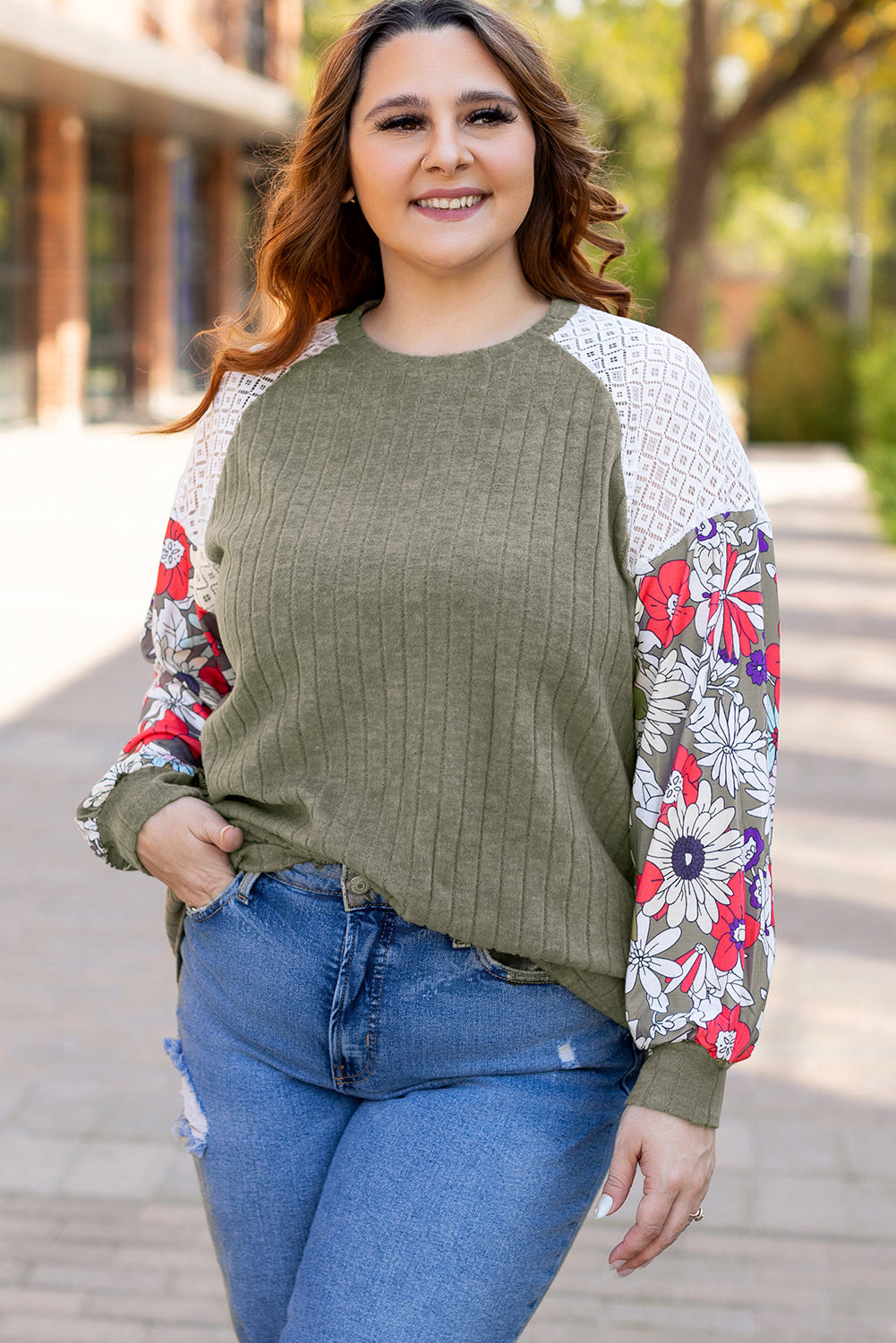 Vineyard Green Plus Size Textured Floral Patchwork Raglan Sleeve Top Plus Size Tops b8859887ae8c22ef
