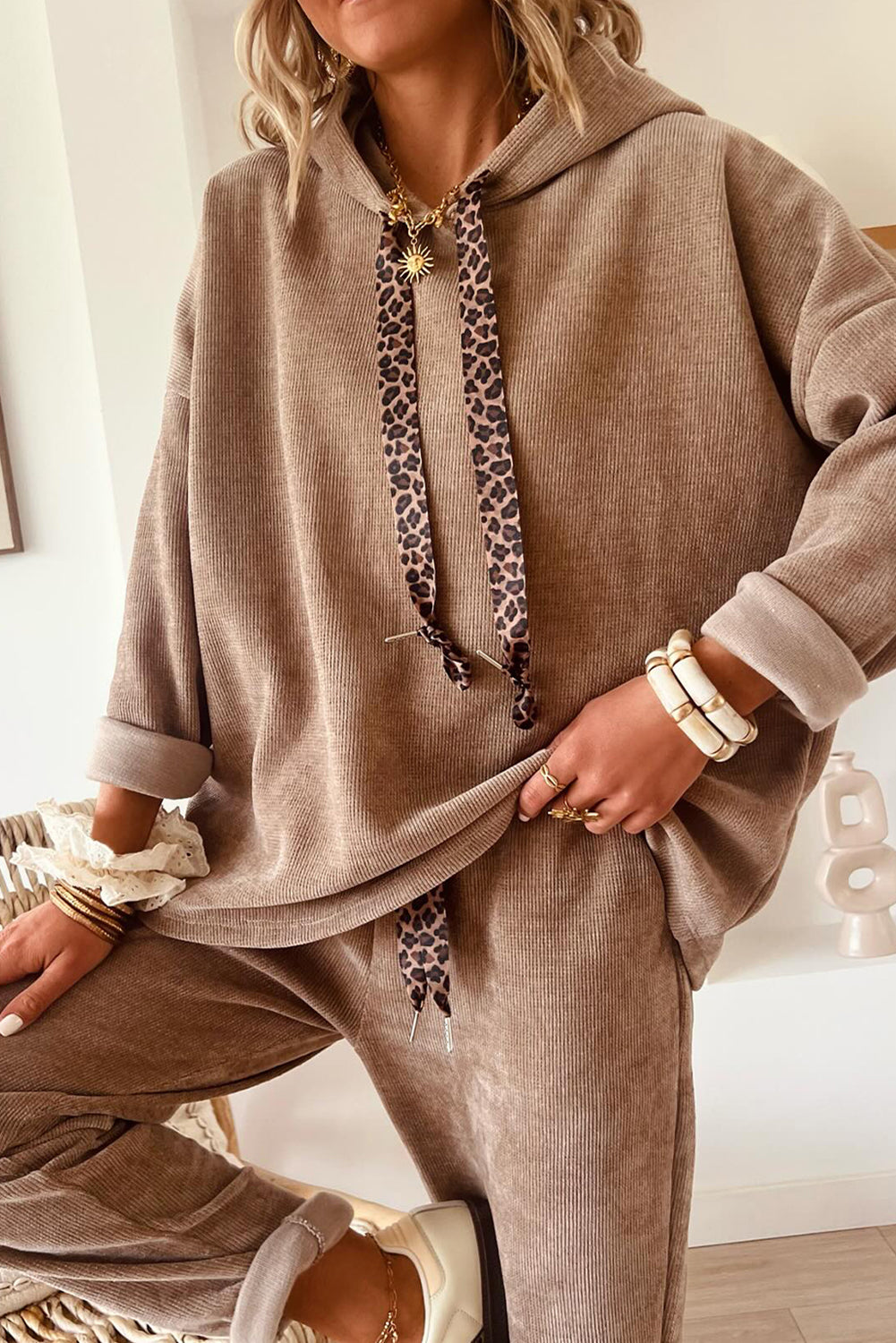 Dark Khaki Drawstring Pullover Hoodie and High Waist Pants Corduroy Suit Two Piece Pants Sets b89ad210fd2b318a