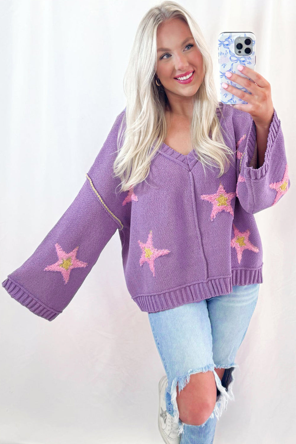 Lavendula Brushed Star Graphic V Neck Drop Shoulder Oversize Sweater Sweaters b8a4676372924657