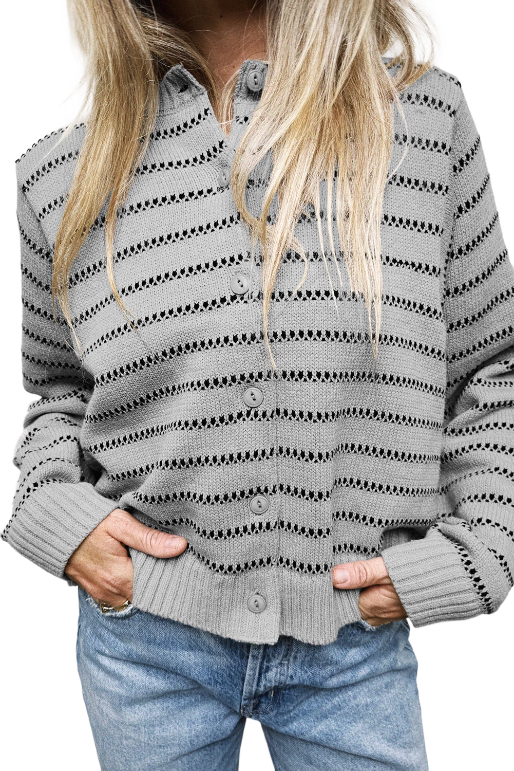 Gray Stripe Button Front Ribbed Trim Short Cardigan Cardigans b8ab6b80fc7cfdf9