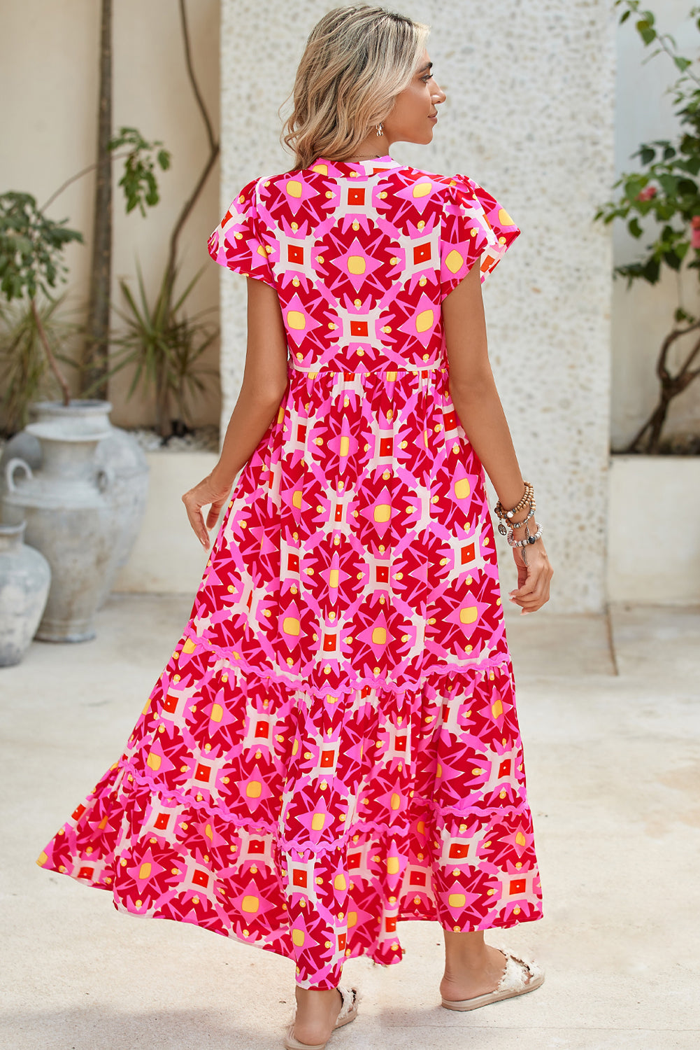 Strawberry Pink Abstract Print Pleated Flounce Sleeve Maxi Dress Maxi Dresses b96893fb2c0b2163