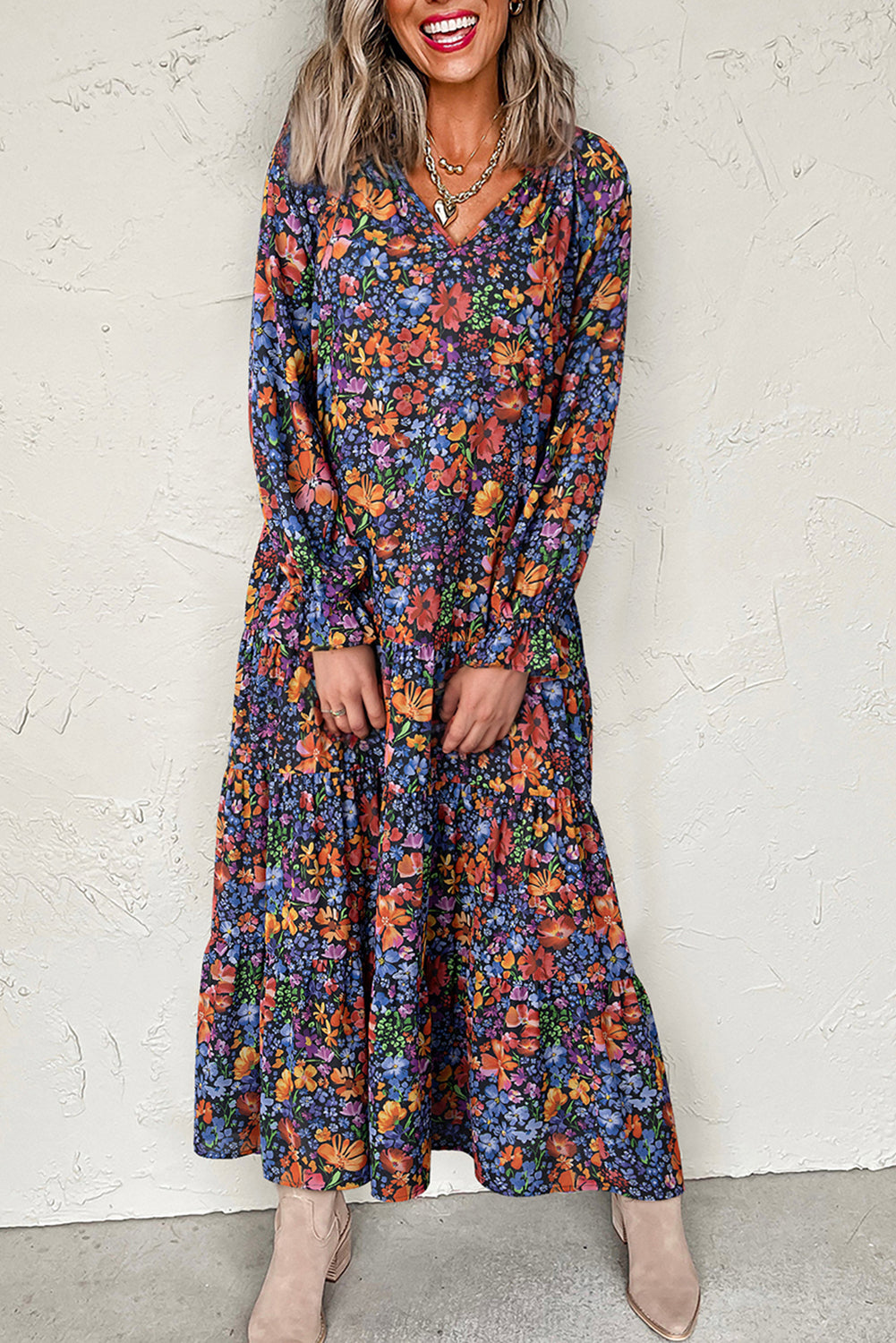 Blue Floral Print V Neck Long Sleeve Flowy Maxi Dress Maxi Dresses b9a5a12d047cad81