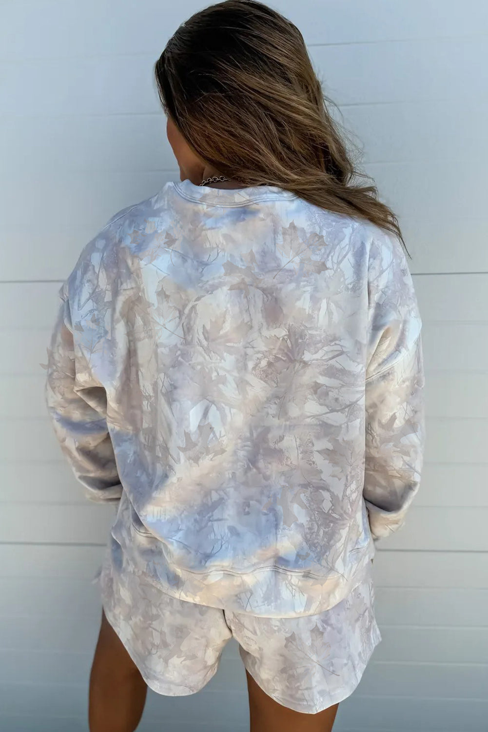 Beige Abstract Maple Leaf Print Long Sleeve Top Elastic Waist Shorts Set Two Piece Shorts Sets b9cc0210ed0c4115