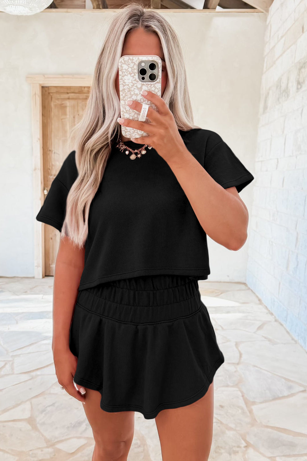 Black Cropped Tee and Ruffle High Waist Skort Set Two Piece Shorts Sets b9f19a6a5ceb1d50
