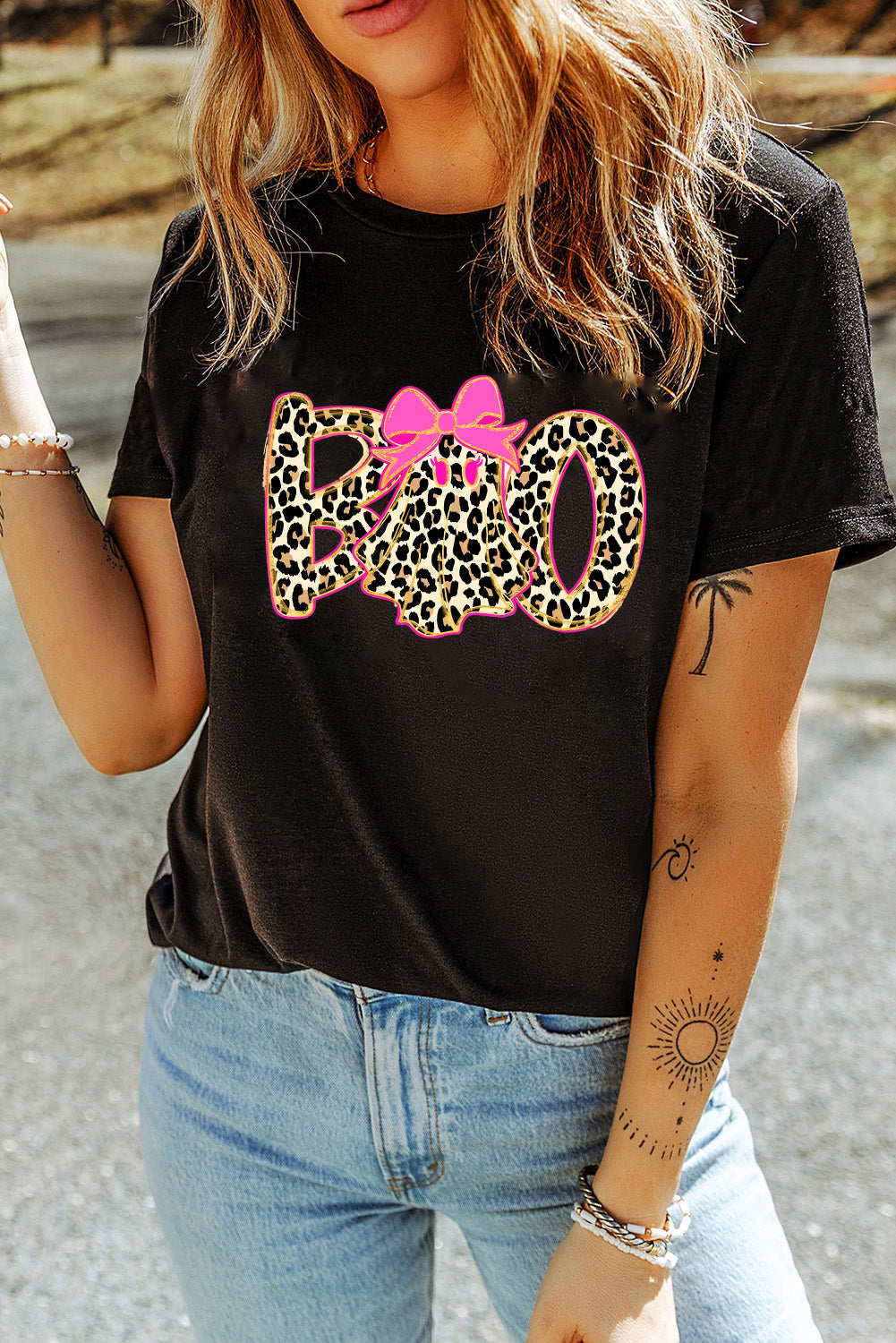 Black Leopard Ghost Boo Heat Transfer Printing Halloween T Shirt Graphic Tees b9fa4d898579bd21