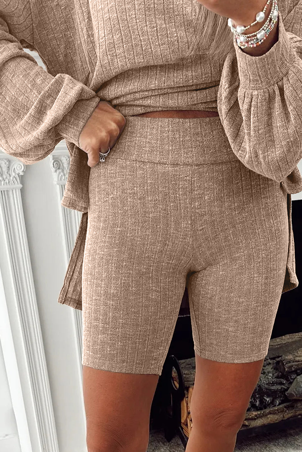 Dark Khaki Ribbed Balloon Sleeve Pullover Top and Biker Knitted Shorts Set Two Piece Shorts Sets ba102847ea8318f2