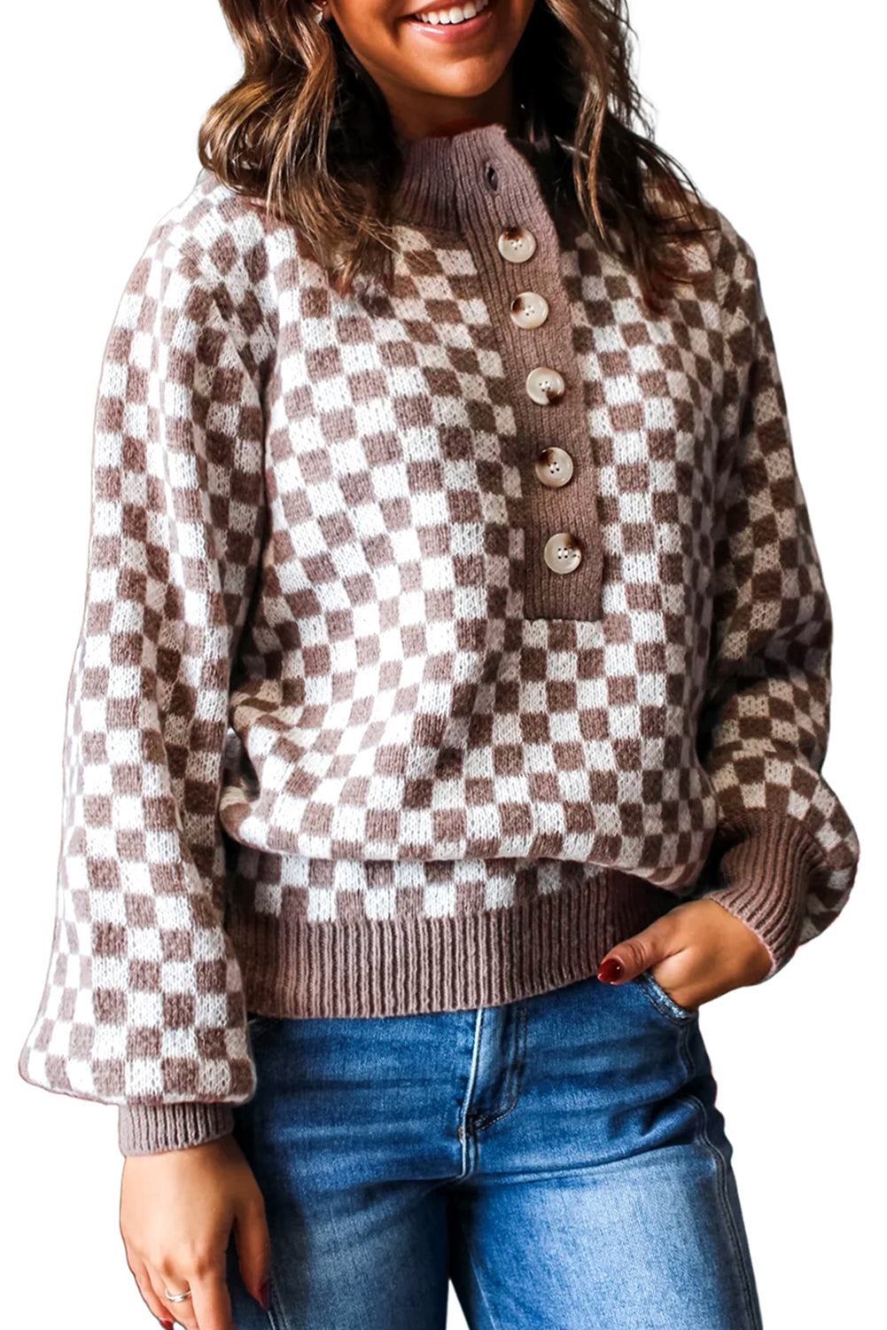Dark Brown Plaid Contrast Trim Button Neck Sweater Sweaters ba16e91b66becc3d