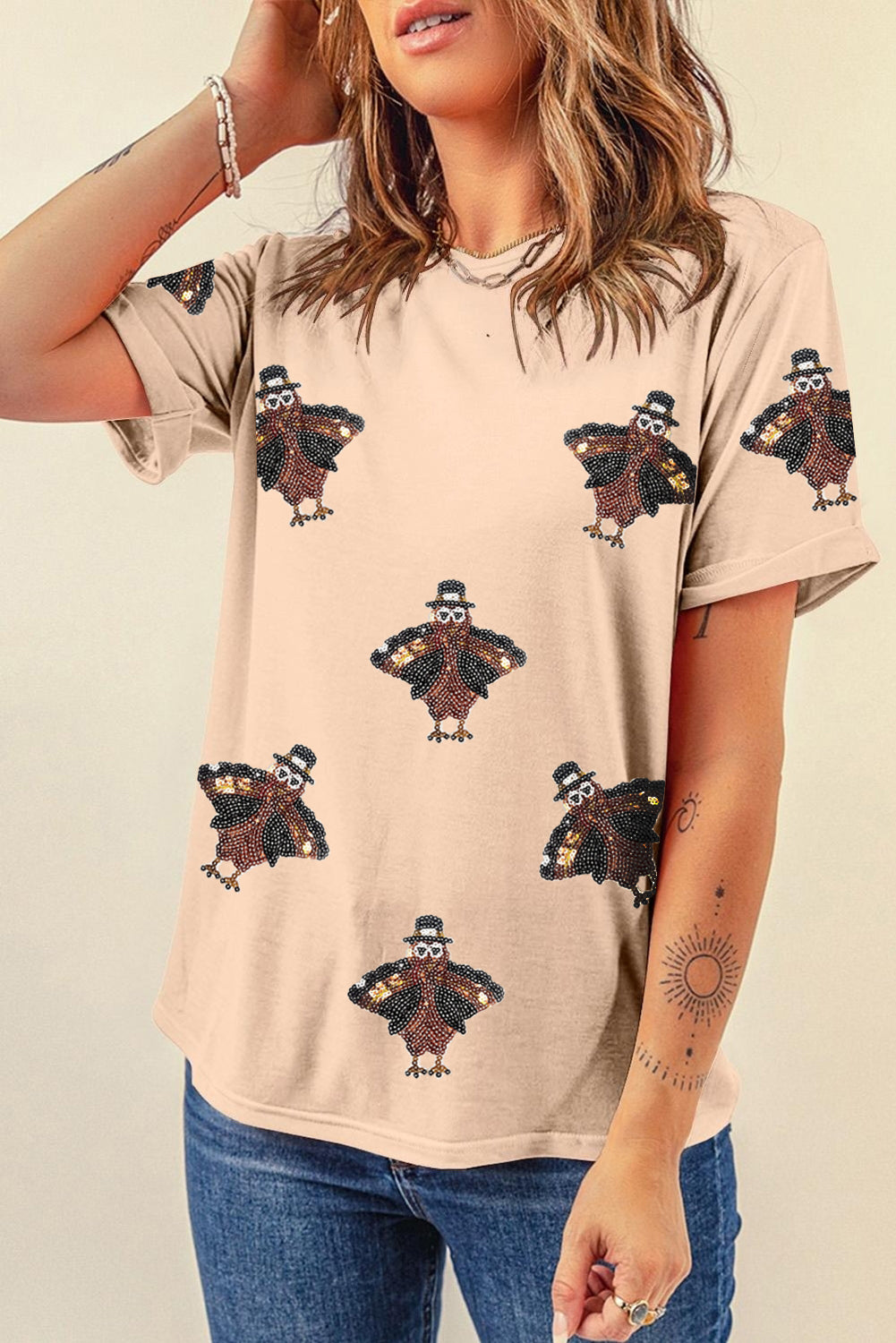 White Turkey Sequin Patch Application Round Neck Graphic Tee Graphic Tees ba239a1a8695308a