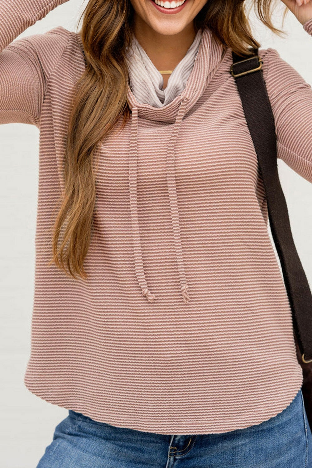 Apricot Pink Horizontal Twist Ribbed Drawstring Cowl Neck Knit Top Long Sleeve Tops ba2b98ea54ff3115