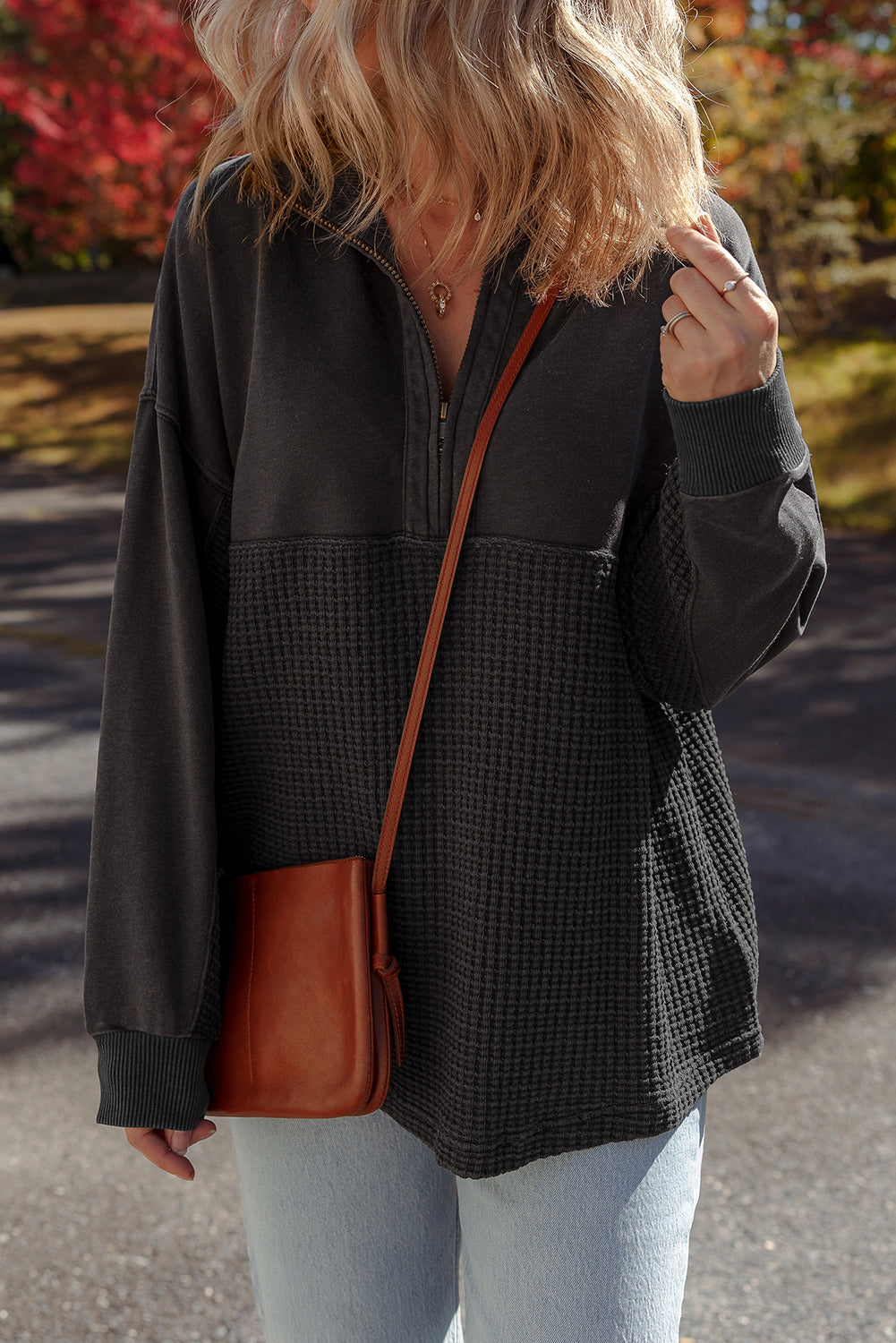 Carbon Grey Waffle Knit Patchwork Half Zipped Casual Sweatshirt Sweatshirts & Hoodies ba336be8ab1f01f5