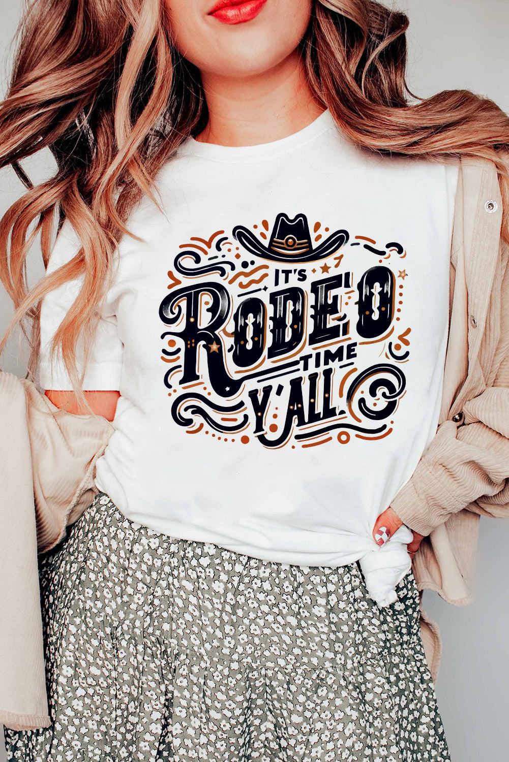 White IT'S RODEO TIME YALL Heat Transfer Printing Graphic T Shirt Graphic Tees baed2d204a424323