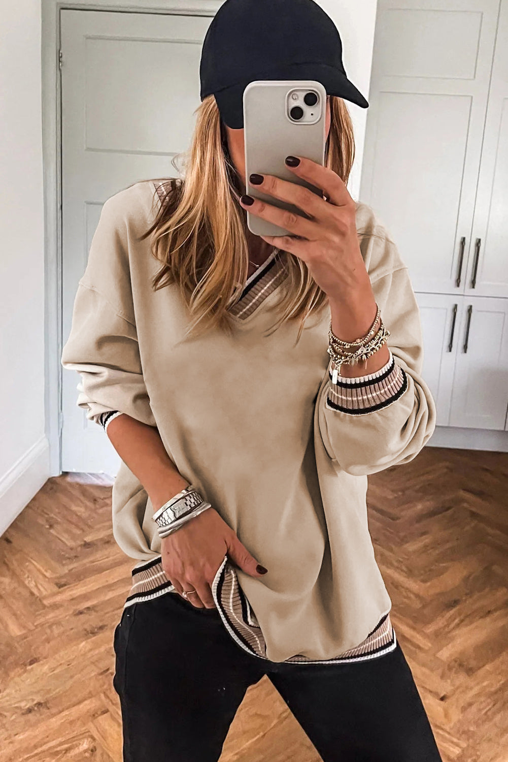 Parchment Varsity Contrast Trim V Neck Sweatshirt Sweatshirts & Hoodies bb0d9d1da25f3c22