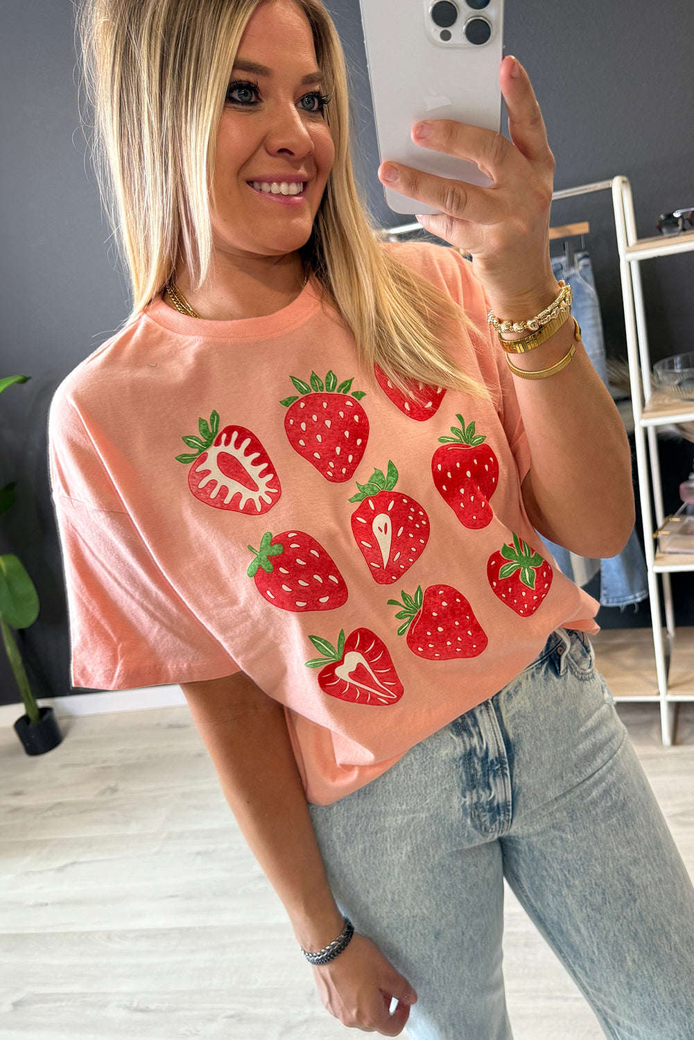 Pink Strawberry Fruit Pattern Heat Transfer Printing Graphic Tee Graphic Tees bb3cb6ff625eaf18