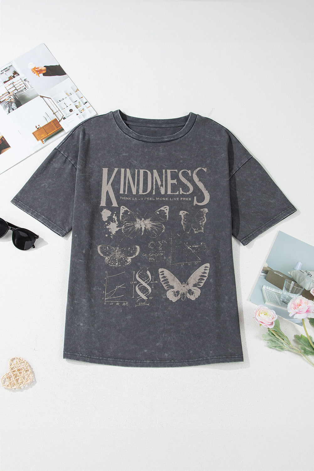 Dark Grey Kindness Butterflies Graphic Mineral Wash Loose Tee T Shirts bb4c700b1536e63e