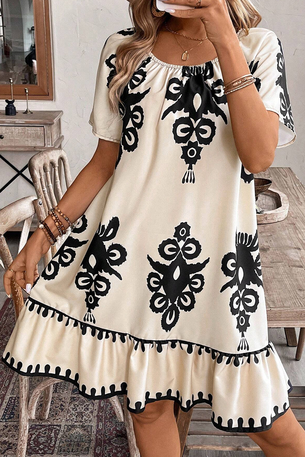 Apricot Ethnic Print Ruffle Hem Loose Mini Dress Short Dresses bb737946ebd33f7b
