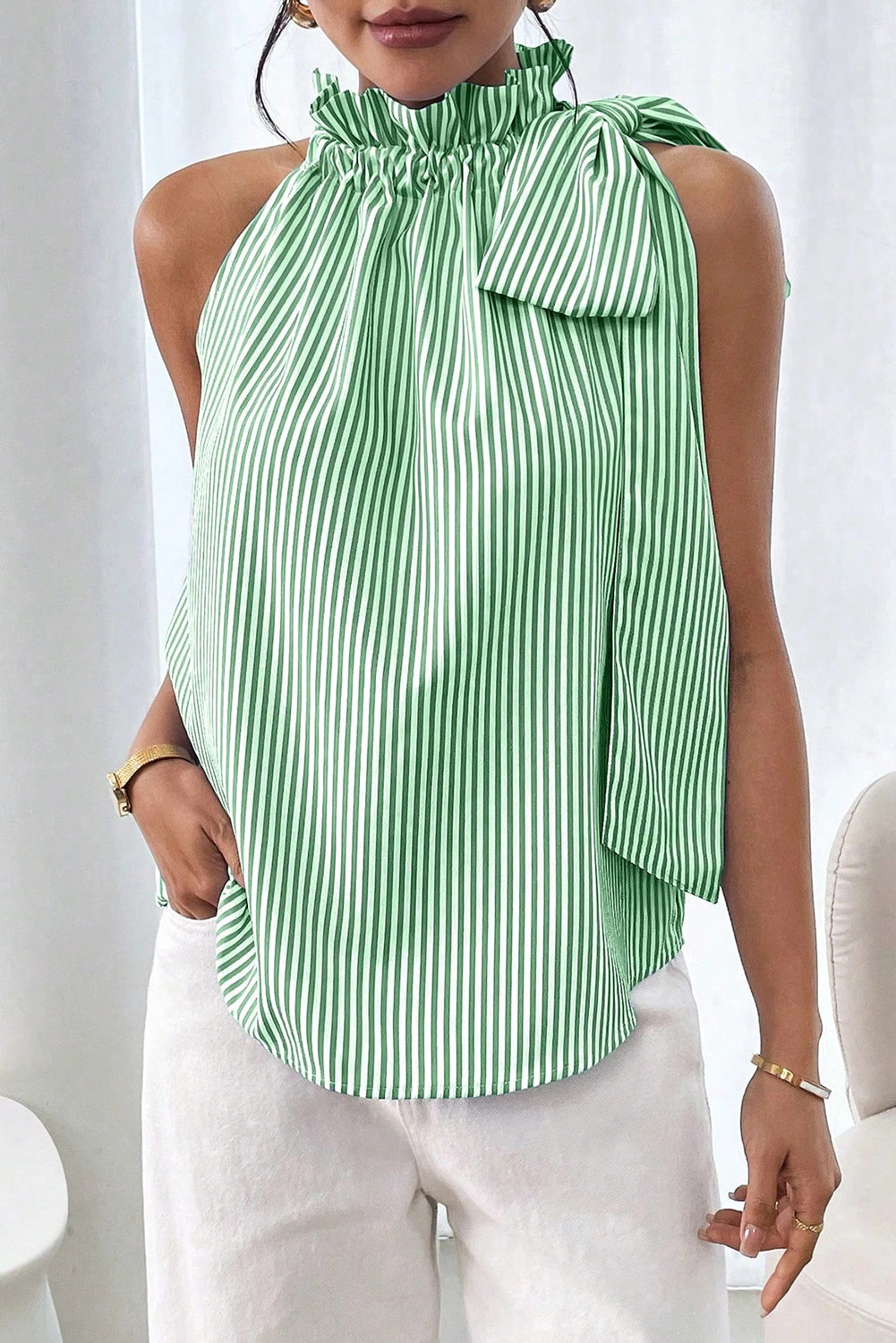 Green Striped Frill Neck Tie Knot Sleeveless Top Sleeveless Shirts bb8373bbd642c063