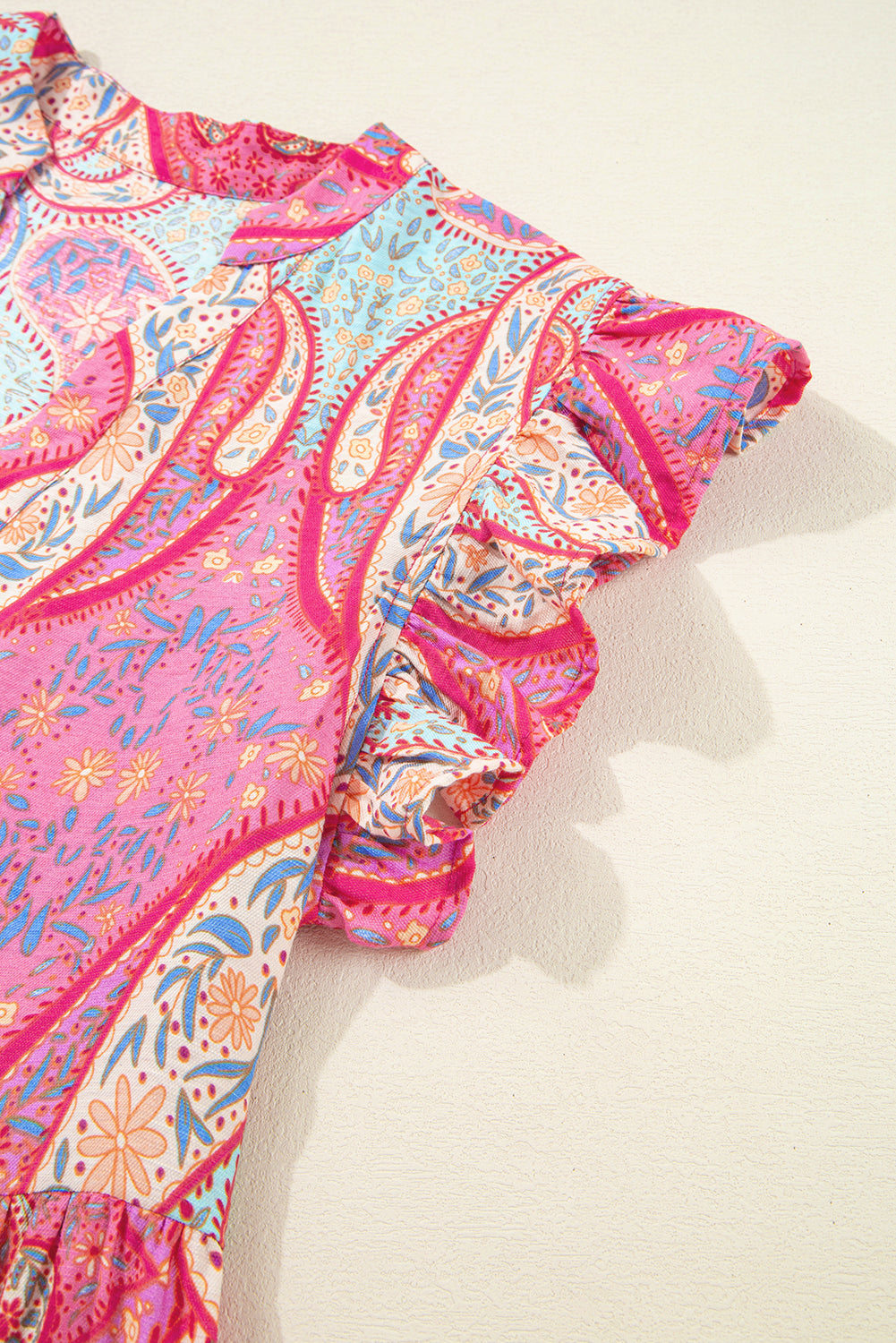 Rose Ethnic Paisley Print Ruffle Sleeve Notch Neck Midi Dress Midi Dresses bb9b385cde5bd615