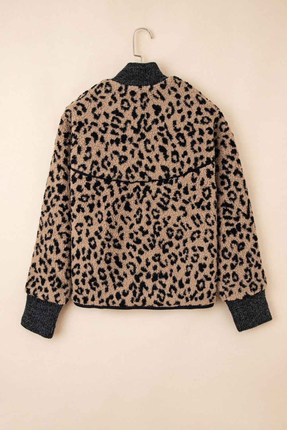 Khaki Leopard Print Zip Up Stand Neck Side Pocket Jacket Jackets bbc066e7347402df