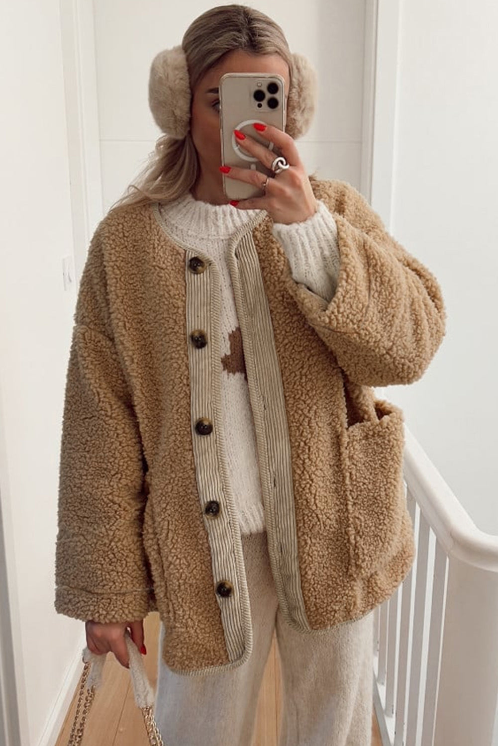 Light French Beige Puffy Plush Corduroy Edge Patchwork Jacket with Big Pockets Jackets bc077ba80cce7102