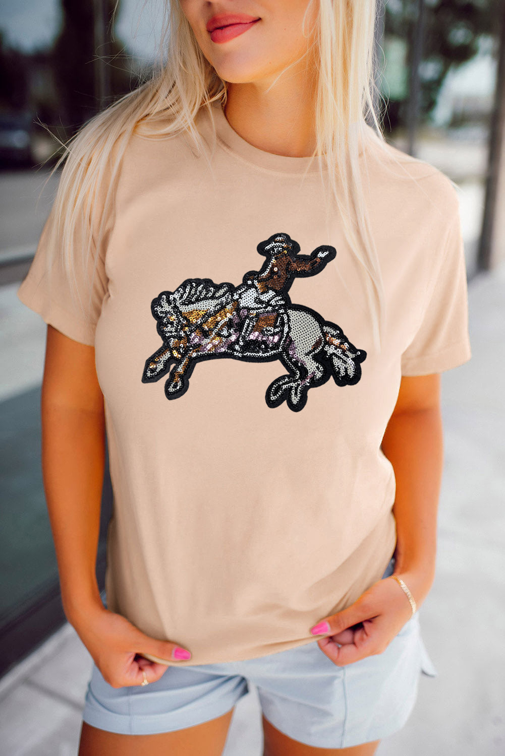 Khaki Rodeo Sequins Patch Graphic Crewneck Tee Graphic Tees bc091b42e71f35dc