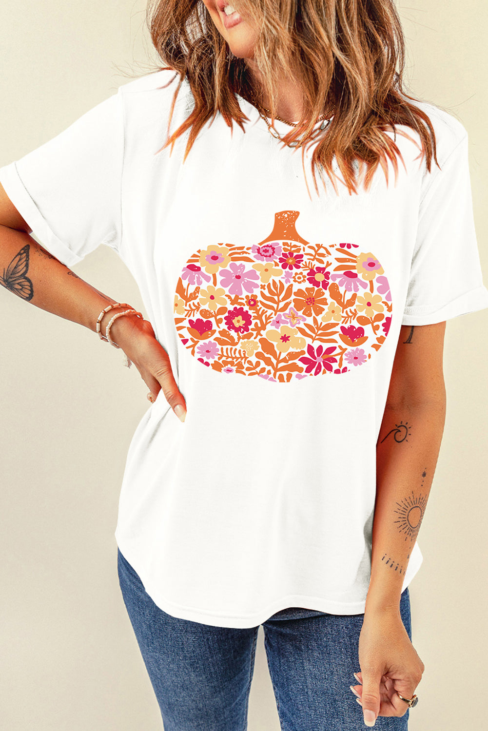 White Floral Pumpkin Heat Transfer Printing Graphic Tee Graphic Tees bc23b66b2478105d