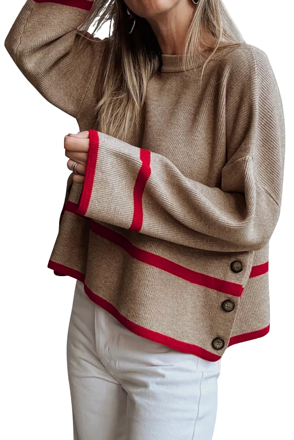 Simply Taupe Ribbed Knit Contrasted Stripe Detail Button Side Loose Sweater Sweaters bc6dd6d971fb990a