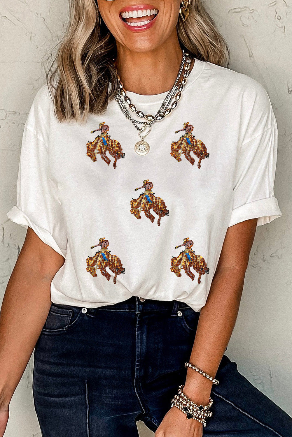 White Rodeo Sequins Patch Graphic Casual Round Neck Tee Graphic Tees bc832f8a921b0641