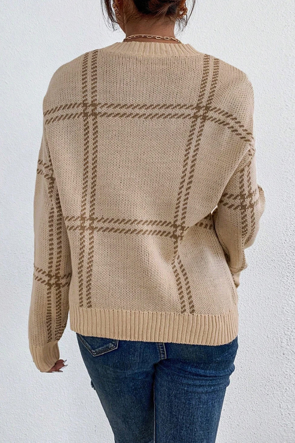 Khaki Plaid Pattern Knitted Drop Shoulder Sweater Sweaters bce2f24156cfc743