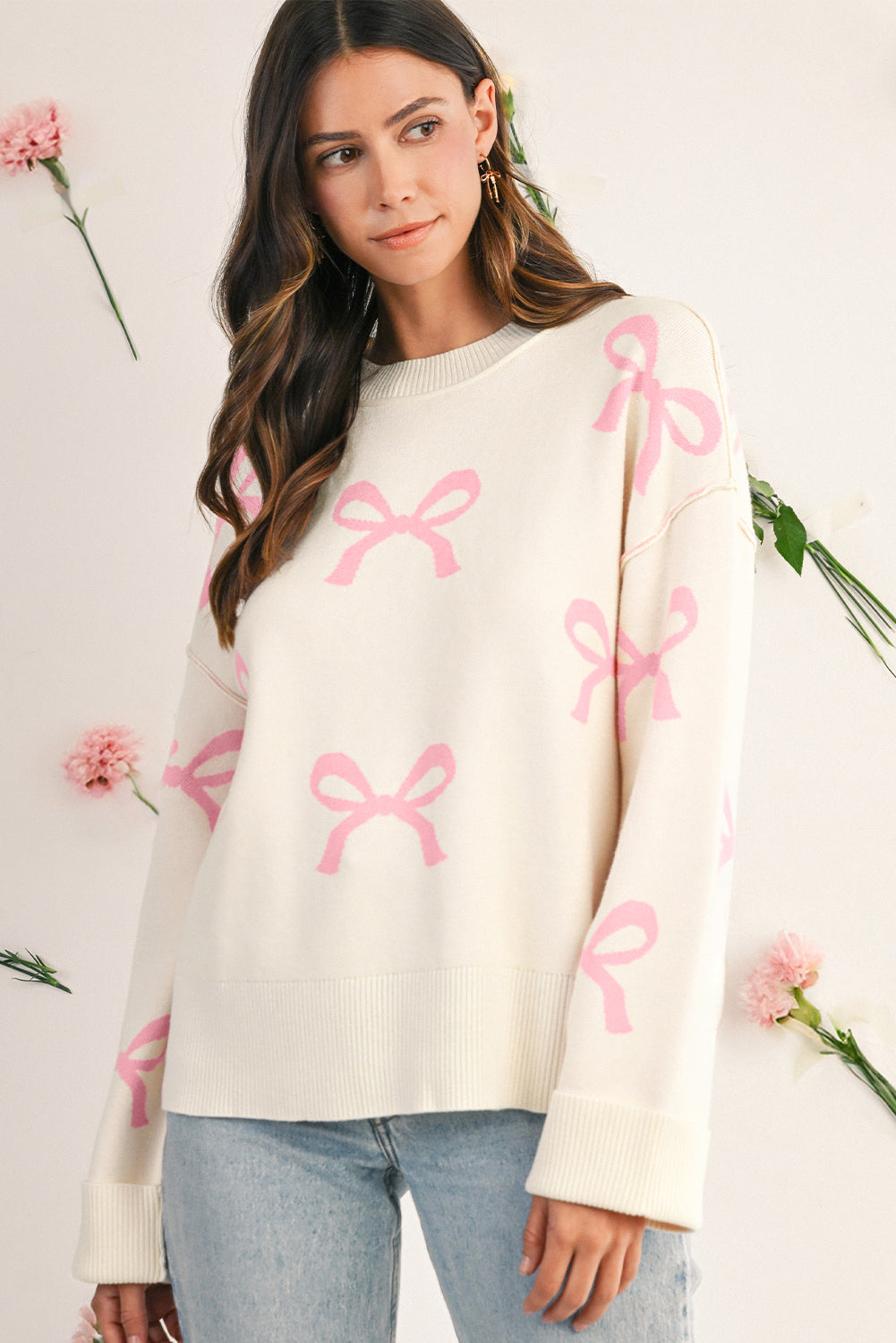 Pink Bow Print Exposed Seam Drop Sleeve Sweater Sweaters bcf1d201e6d8ec7d