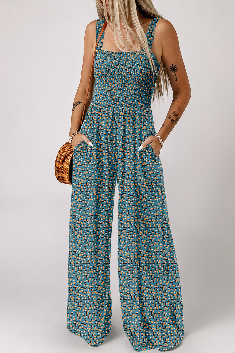 Green Floral Square Neckline Stretch High Waist Jumpsuit Jumpsuits bd2370be3501a191