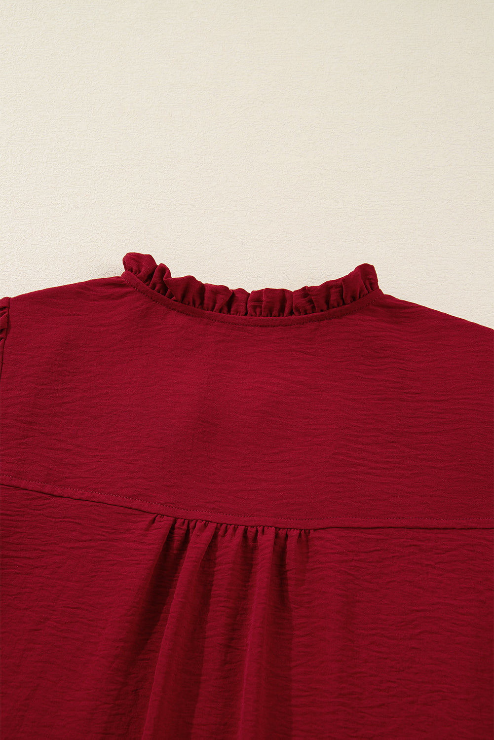 Burgundy Notched Neck Shirred Cuffs Long Sleeve Blouse Blouses bd420175fe43c66e