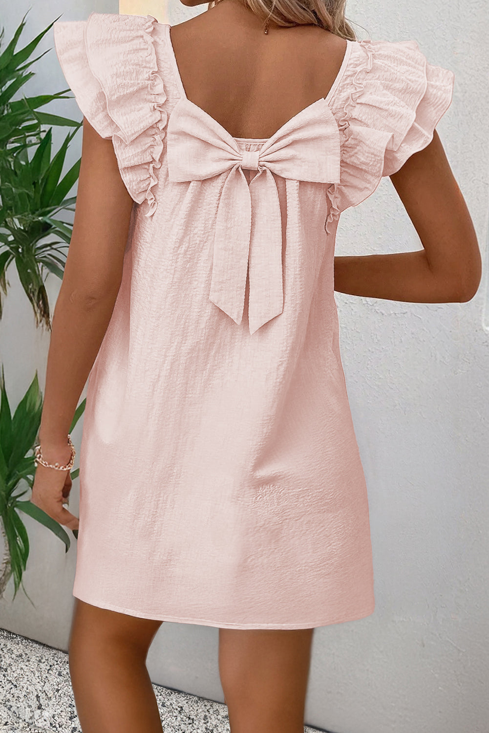Light Pink Textured Flutter Sleeve Square Neck Bow Back Mini Dress Short Dresses bd4f1915a0e190be
