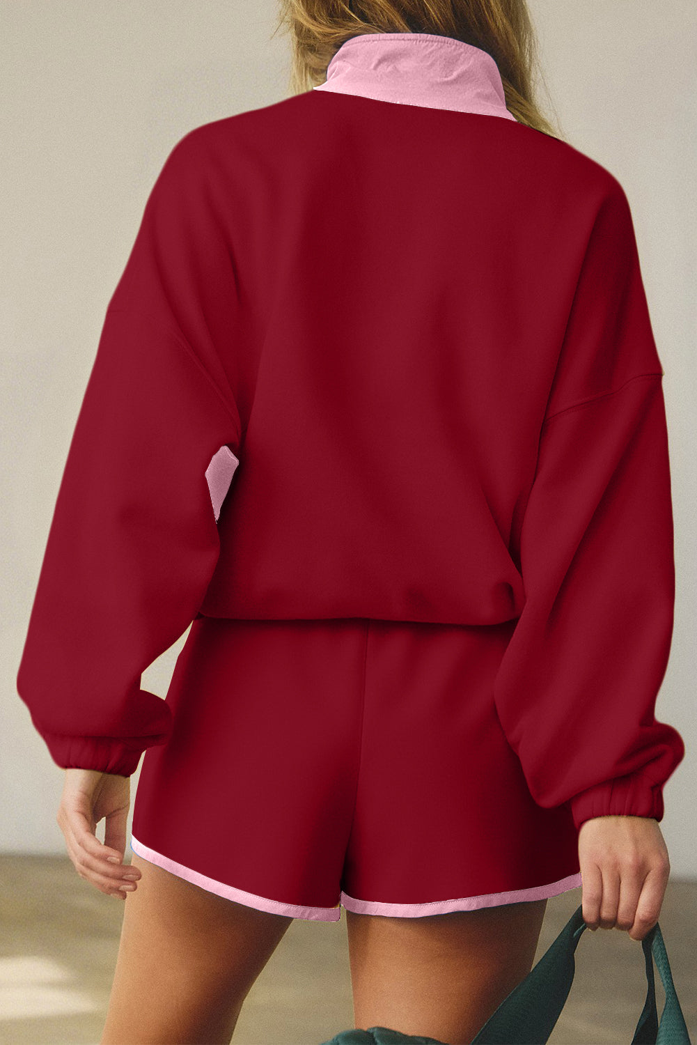 Navy Blue Colorblock Patchwork Half Button Pullover and Shorts Outfit Two Piece Shorts Sets bd549f5156dac86a