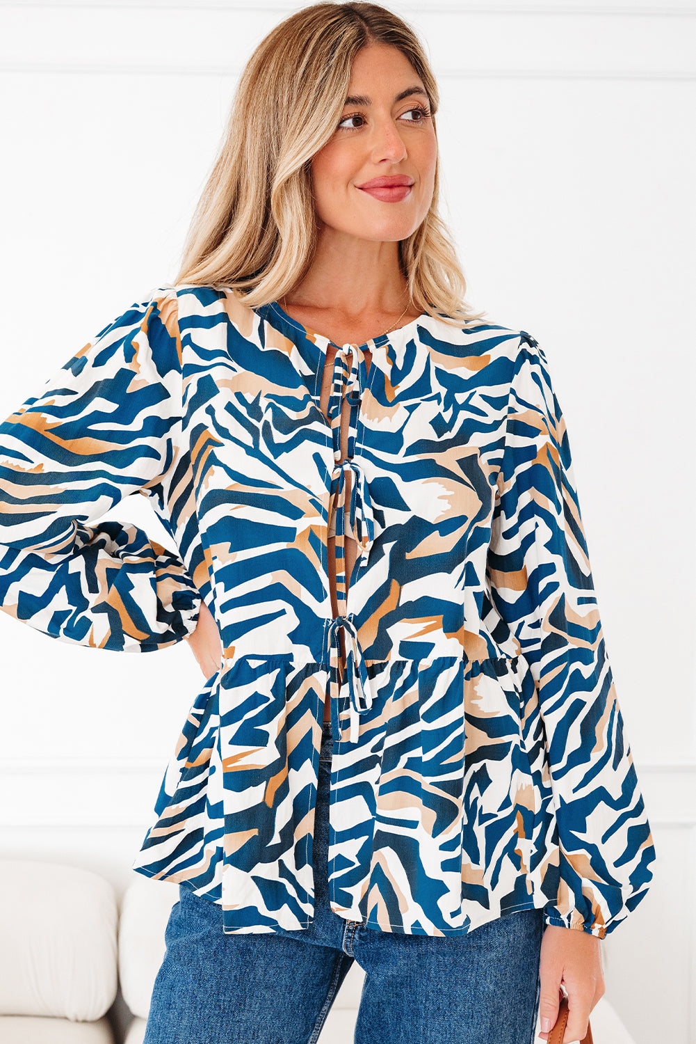 Blue Zebra Print Tied Front Puff Sleeve Top Blouses bd68e0305809d716